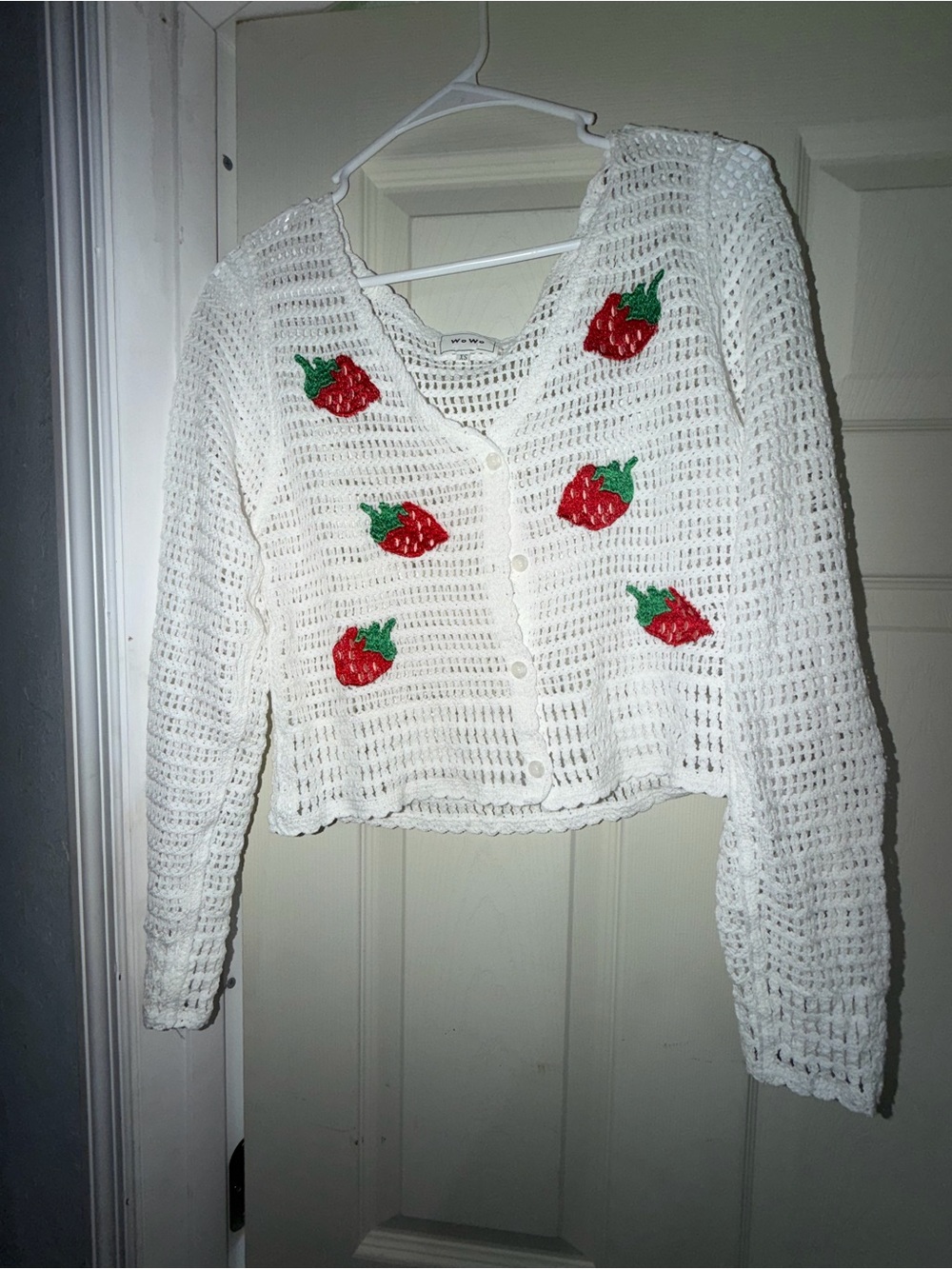 White Crochet Cardigan with Red Strawberry Embroidery